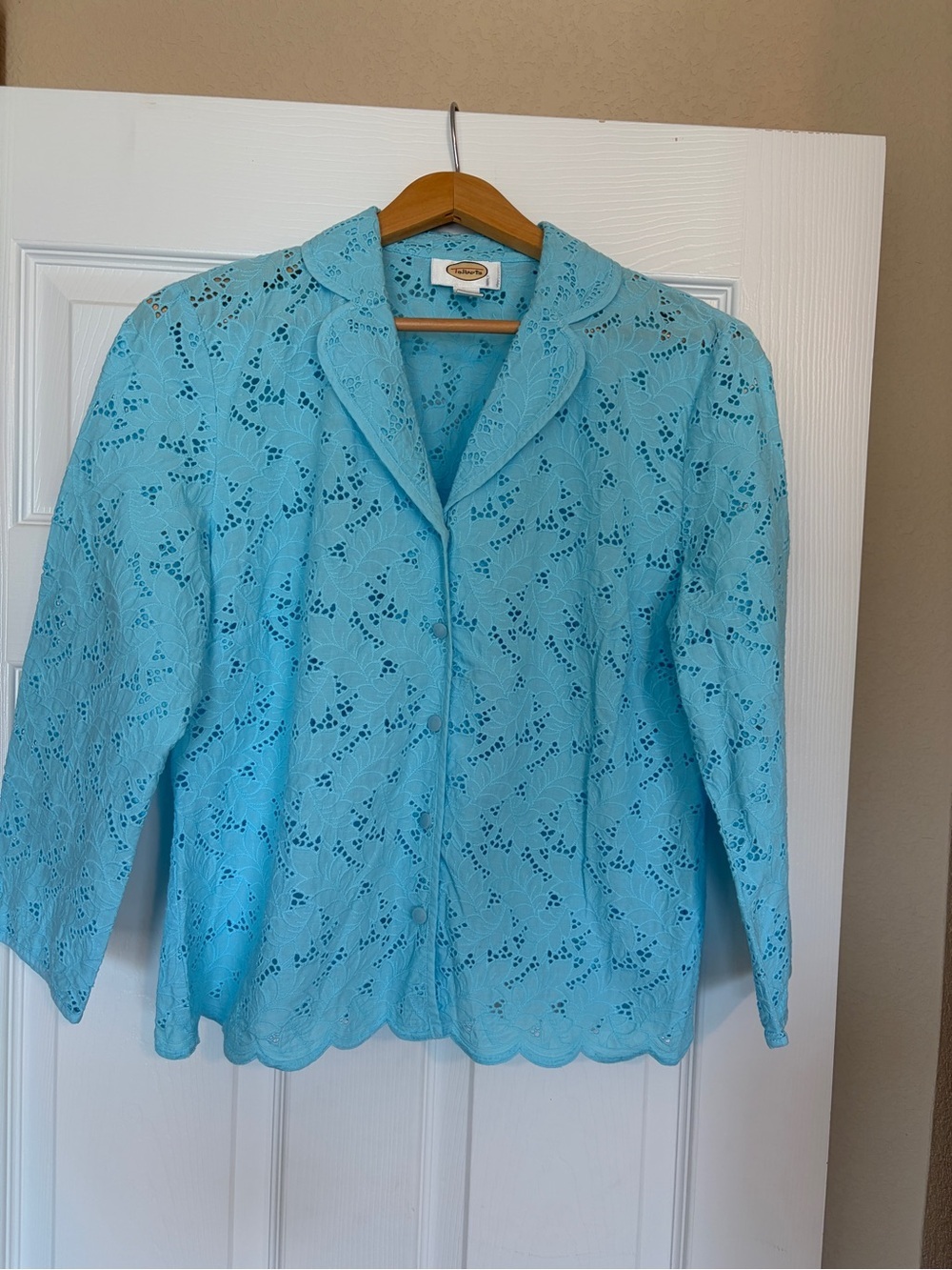 Talbots Eyelet Blouse Women's 12 Robin Egg Blue Cotton Button Front P-9